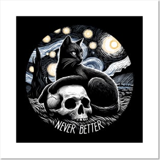 Never Better - Cat and skull Van Gogh inspired Posters and Art